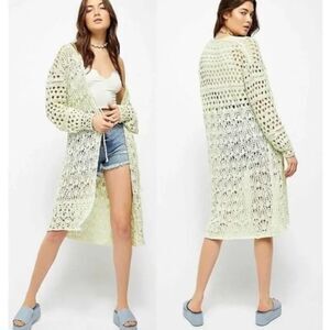 Free People‎ Sweet Talker Long Crochet Cardigan Honeydew Green XS Extra Small